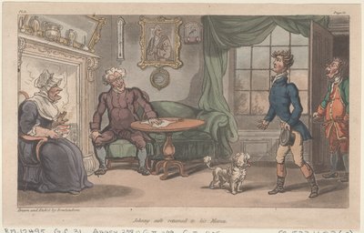 Johnny sicher zurück bei seiner Mama, aus Die militärischen Abenteuer von Johnny Newcome, 1815 von Thomas Rowlandson