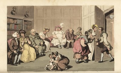 Johnny mit anderen Patienten im Wartezimmer des Quacksalbers Anodyne. Handkolorierter Kupferstich von Thomas Rowlandson aus William Combes The History of Johnny Quae Genus, the Little Foundling of the late Doctor Syntax. von Thomas Rowlandson