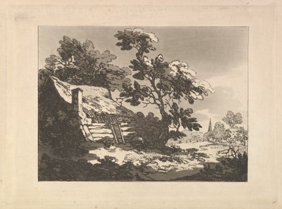 Landschaft mit Hütte unter Bäumen links und einer fernen Kirchturmspitze rechts von Thomas Rowlandson