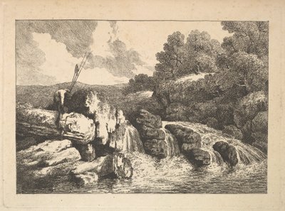 Landschaft mit zwei Fischern, die Felsen neben einem Wasserfall erklimmen, 1784-88 von Thomas Rowlandson