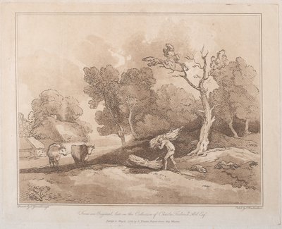 Landschaft mit einer Figur, die ein Bündel Zweige trägt, ein Gehölz dahinter, zwei Kühe..., 21. Mai 1789 von Thomas Rowlandson