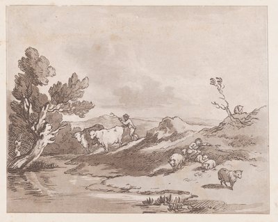 Landschaft mit einer Figur, die Vieh zum Wasser treibt von Thomas Rowlandson