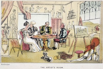 Der Doktor in einem Künstleratelier - in „Die drei Reisen des Doktor Syntax: auf der Suche nach dem malerischen Trost und einer Frau“ von William Combe, ill. Rowlandson von Thomas Rowlandson
