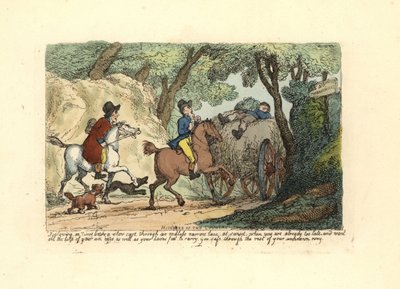 Mann zu Pferd hinter einem langsam fahrenden Wagen auf einem schmalen Weg von Thomas Rowlandson