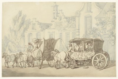 Offener Reisewagen und Kutsche in einer quasi-holländischen Straße von Thomas Rowlandson