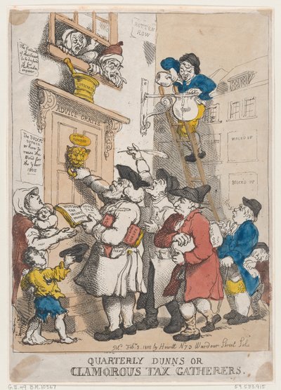 Vierteljährliche Mahnungen, oder Lärmende Steuereintreiber, 3. Februar 1805 von Thomas Rowlandson