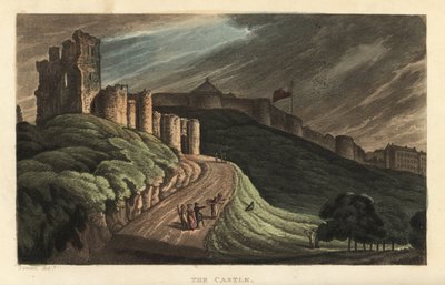 Scarborough Castle: Touristen gehen den Hügel zum Schloss aus dem 12. Jahrhundert hinauf. Kupferstich von Thomas Rowlandson nach einer Skizze von J. Green aus Poetical Sketches of Scarborough, Ackermann, London von Thomas Rowlandson