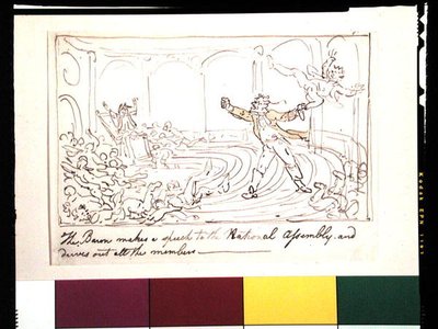 Der Baron hält eine Rede vor der Nationalversammlung und vertreibt alle Mitglieder von Thomas Rowlandson