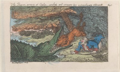 Der Baron kommt in Ceylon an, kämpft und besiegt zwei außergewöhnliche Gegner von Thomas Rowlandson