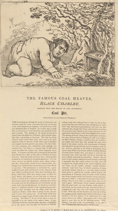 Der berühmte schwarze Kohlenhauer, Schwarzer Charley, schaut in den Mund der wunderbaren Kohlenmine von Thomas Rowlandson