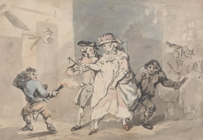 Die Gasthoftür (Ein Mann wird von zwei Fackeljungen zu einer Tür links begleitet) von Thomas Rowlandson