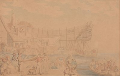 Das Zuwasserlassen eines Schiffes von Thomas Rowlandson