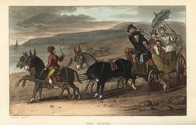 Die Sands: Touristen in einer von Eseln gezogenen Kutsche am Strand. Handkolorierte Kupferstichgravur von Thomas Rowlandson nach einer Skizze von J. Green aus Poetical Sketches of Scarborough, Ackermann, London von Thomas Rowlandson