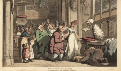 Der Tod als Priester feiert die Hochzeit zwischen einer jungen Frau und einem hässlichen alten Mann. Handkolorierter Kupferstich von Thomas Rowlandson aus The English Dance of Death, Ackermann, London von Thomas Rowlandson