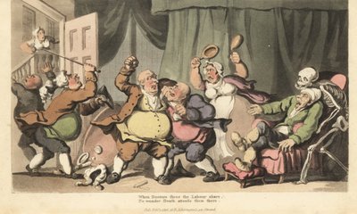 Der Tod kommt für einen kranken Mann, während drei Quacksalber kämpfen und eine Magd sie mit Bettpfannen angreift. Handkolorierter Kupferstich von Thomas Rowlandson aus The English Dance of Death, Ackermann, London von Thomas Rowlandson