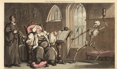 Der Tod holt den Bischof in der Abtei, während er die Bibel auf einem Lesepult liest und seinen gichtkranken Fuß auf ein Kissen legt. Handkolorierte Kupferplatte gezeichnet und graviert von Thomas Rowlandson aus The English Dance of Death, Ackermann, Londo von Thomas Rowlandson