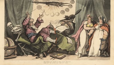 Das Skelett des Todes kommt für den Wahrsager in seinem Zimmer, dekoriert mit Planetengloben, Astrologiebüchern und einem Krokodil. Zwei Damenkunden schauen entsetzt zu. Handkolorierte Kupferplatte gezeichnet und graviert von Thomas Rowlandson aus „The Eng von Thomas Rowlandson