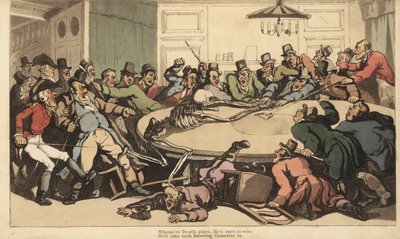 Der Tod kämpft mit edlen Spielern im Glücksspielzimmer eines Londoner Spielclubs. Handkolorierte Kupferplatte gezeichnet und graviert von Thomas Rowlandson aus The English Dance of Death, Ackermann, London von Thomas Rowlandson