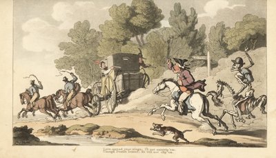 Der Tod begleitet einen wütenden Vater, der versucht, seine einzige Tochter daran zu hindern, mit einem Soldaten in einer Postkutsche nach Gretna Green durchzubrennen. Handkolorierte Kupferplatte gezeichnet und graviert von Thomas Rowlandson aus The Englis von Thomas Rowlandson