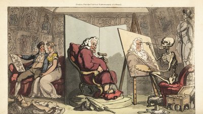 Der Tod malt ein Porträt eines Stadtrats, während seine junge Dienerin hinter dem Paravent mit einem galanten Künstler flirtet. Handkolorierte Kupferplatte gezeichnet und graviert von Thomas Rowlandson aus The English Dance of Death, Ackermann, London von Thomas Rowlandson