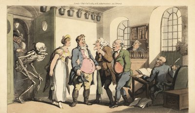 Der Skeletttod überrascht Ned Freeman, als er das Versicherungsbüro besucht und hinterlässt seiner Witwe eine riesige Summe. Handkolorierte Kupferplatte gezeichnet und graviert von Thomas Rowlandson aus The English Dance of Death, Ackermann, London von Thomas Rowlandson