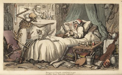 Der Tod mit dem Antiquar-Horter in einem Schlafzimmer voller Musikinstrumente, Bücher, Manuskripte, Rüstungen, einem Globus, einer Büste, Ratten usw. (Handkolorierte Kupferstich von Thomas Rowlandson) von Thomas Rowlandson