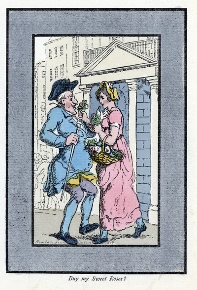 Blumenverkäuferin, die einem lächelnden Herrn ein kleines Rosenbouquet anbietet (Holzstich nach einem Gemälde von Thomas Rowlandson, veröffentlicht in „The Cries of London“) von Thomas Rowlandson