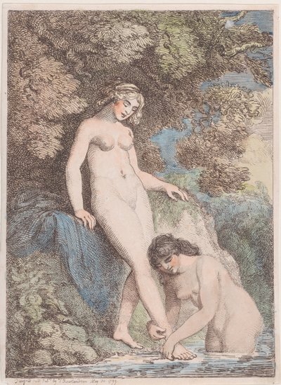Zwei Nymphen baden, eine wäscht der anderen den Fuß, 20. Mai 1799 von Thomas Rowlandson
