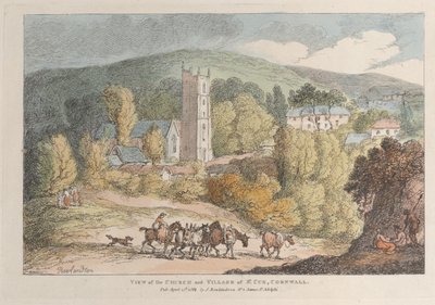 Ansicht der Kirche und des Dorfes St. Cue, Cornwall von Thomas Rowlandson