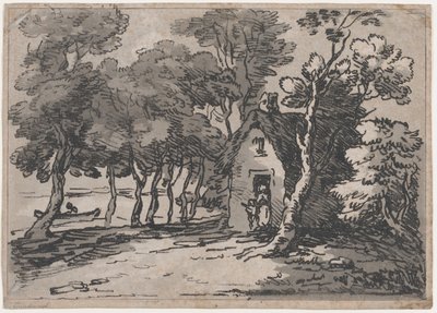 Waldszene mit Figuren an der Tür eines Häuschens, 1783-1788 von Thomas Rowlandson