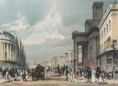 Blick auf die Regent Street in Richtung des Quadranten mit der Hanover Chapel im Vordergrund, 1842 von Thomas Shotter Boys