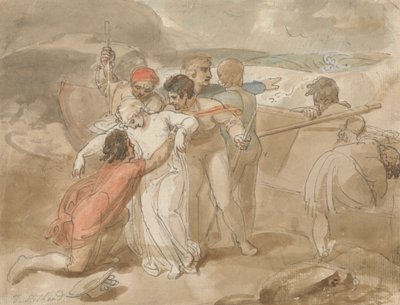 Eine Frau wird aus dem Meer gerettet und an Land gebracht, Ruderboot und Retter im Hintergrund von Thomas Stothard