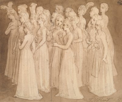 Zwanzig junge Mädchen in einer Gruppe, die nach links gehen von Thomas Stothard