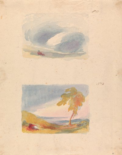 Zwei Zeichnungen auf einem Blatt: Himmelsstudie - Turners Prinzip (Nr. 11); Landschaft mit Hügeln und Baum (Nr. 12) von Thomas Sully