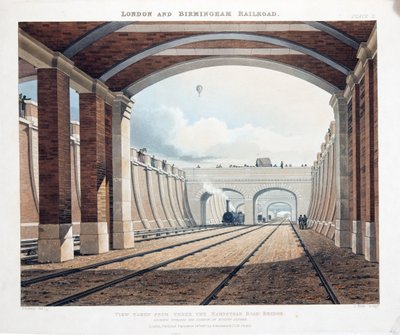 Ansicht von unter der Hampstead Road Bridge, Blick auf den Bahnhof am Euston Square, 1837 von Thomas Talbot Bury