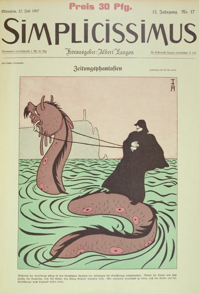 Kaiser reitet die Seeschlange nach England, Titelillustration aus Simplicissimus von Thomas Theodor Heine