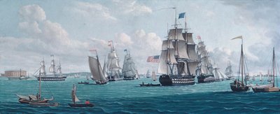 Das US-Schiff Franklin mit Blick auf die Bucht von New York von Thomas Thompson