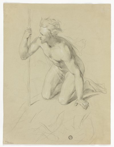 Nackter Mann kniend, einen Stab haltend (recto); Alpenpanorama (verso) von Thomas Uwins