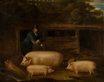 Harry Green, Schweinehirt, mit seinen Schweinen im Stall, ca. 1794-1843 von Thomas Weaver