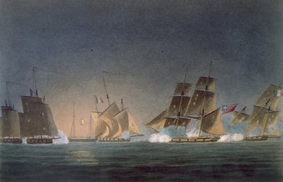 HMS Rinaldo im Gefecht mit vier französischen Freibeutern, graviert von J. Bailey für 