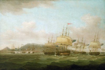 Die Eroberung von Saint Paul, nahe der Insel Bourbon (heute Réunion) durch die britische Flotte, 21. September von Thomas Whitcombe