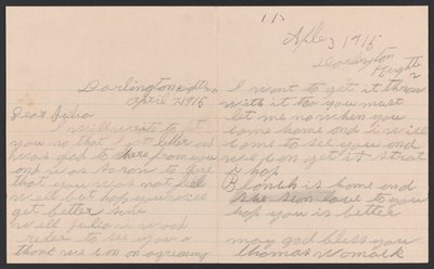 Brief von Thomas Womack an Julia Womack mit Umschlag, 7. April 1915 von Thomas Womack