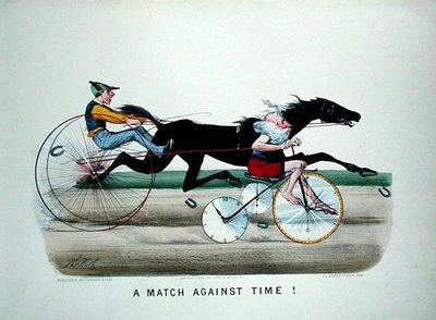 Ein Wettlauf gegen die Zeit, Rennen zwischen einem Pferd und Vater Zeit auf einem Fahrrad von Thomas Worth