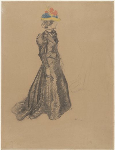 Stehende Dame in schwarzem Kleid mit Schleppe und einem Strohhut mit Sommerblumen von Théophile Alexandre Steinlen