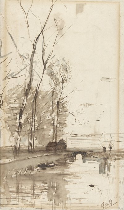 Kanalansicht mit hohen Bäumen, einem Bauernhaus und einer Brücke von Théophile de Bock (possibly)
