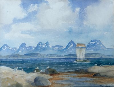 Nordisches Fischerboot in Fjordlandschaft von Thorolf Holmboe