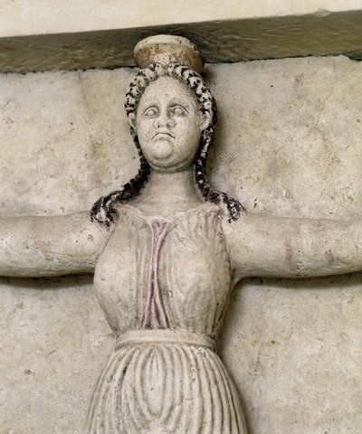 Thrakisches Grab von Sveshtari, Detail einer Frauenstatue in Atlas, 3. Jahrhundert v. Chr. (Steinskulptur) von Thracian Thracian