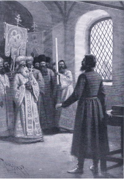 Boris Godunov im Ruhestand im Kloster, gebeten, seine Wahl zum Zaren anzunehmen, Illustration aus Landmarks in European History, veröffentlicht von Gresham Publishing Co, ca. 1920 (Lithografie) von Thure de Thulstrup