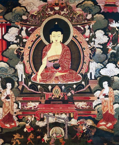 Buddha, sitzend zwischen seinen beiden großen Schülern Cariputra und Maudgalyayana, Szenen aus dem Leben von Buddha Sakyamuni, tibetische Zivilisation von Tibetan School