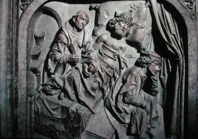 Grab von Heinrich II. und seiner Frau Kunigunde, Detail des vom heiligen Benedikt operierten Kaisers von Tilman Riemenschneider